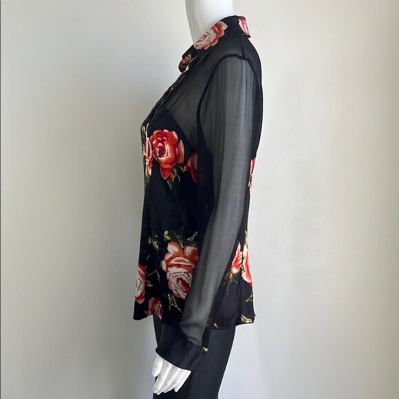 Cache Floral Button Front Mesh Detail Blouse - M - Picture 2 of 5